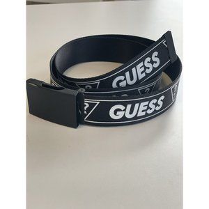 GUESS SPORT POLYESTER BELT MEN ADJUSTABLE REPEAT LOGO PRINT SIZ S/M BLACK